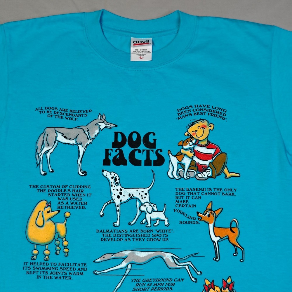 VINTAGE Anvil Dog Facts Graphic T-Shirt Youth Large Turquoise Blue Cotton - Picture 2 of 12